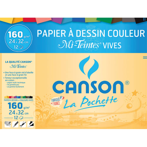 CANSON Pochette de 12 feuilles papier dessin MI-TEINTES 160g 24x32cm assortis vifs Ref-317103 photo du produit Principale L