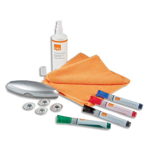 NOBO Kit pour tableau verre : 4 marqueurs, effaceur, spray, microfibre,4 aimants puissants, 1905330 photo du produit Principale L