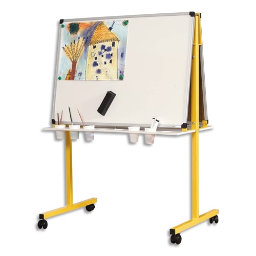 ULMANN Chevalet maternelle mobile double face en acier émaillé Blanc, tablettes porte-gobelets L92xH125cm photo du produit Principale L