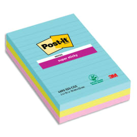 POST-IT Lot de 3 blocs Notes Super Sticky POST-IT® couleurs COSMIC 90 feuilles lignées 101 x 152 mm photo du produit