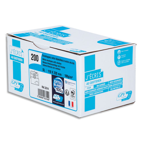 GPV Boîte de 200 enveloppes DL 110x220mm fenêtre 45x100mm 100g Blanches auto-adhésives PEFC photo du produit Principale L