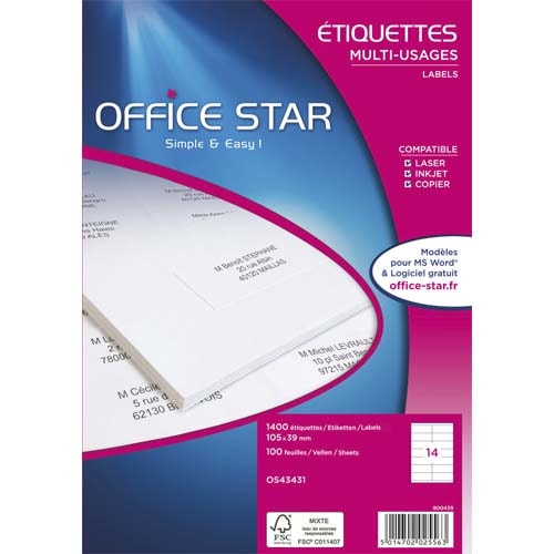 OFFICE STAR Boîte de 1200 étiquettes multi-usage Blanches 97 x 42,4 mm OS43659 photo du produit Principale L