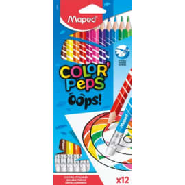 MAPED Pochette de 12 crayons de couleur effaçables OOPS COLOR'PEPS. Embout gomme. Couleurs assorties photo du produit