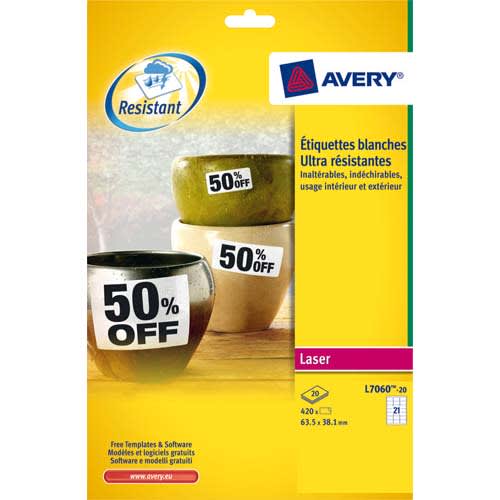 AVERY Boîte de 420 etiquettes Laser inalterables Blanches 63,5x38,1 L7060-20 photo du produit Principale L