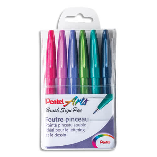 PENTEL Pochette Trendy de 6 Feutres pinceau Brush Sign Pen. Pointe souple résistante, Encre aquarellable photo du produit Principale L