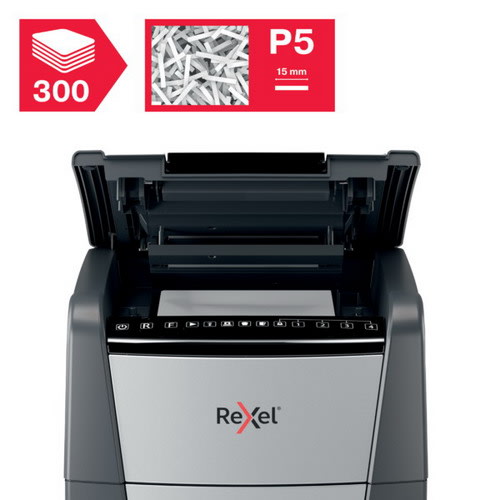 REXEL Destructeur de documents Optimum Auto+ 300M P-5, coupe micro, 2x15mm, 300 feuilles, 60 L 2020300MEU photo du produit Secondaire 1 L