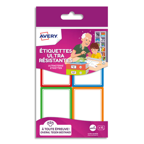 AVERY Sachet de 16 Etiquettes Ultra-Résistantes 44x64mm Blanc avec Bordure Vert/Bleu/Orange/Rouge photo du produit Principale L