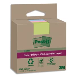 POST-IT Lot de 3 blocs notes Super Sticky Recyclées 76x76 mm. Couleurs assortis. photo du produit