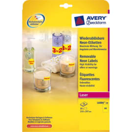 AVERY Boîte de 20 etiquettes Laser rectangulaires enlevables 21x29,7cm coloris Jaune fluo L6006-20 photo du produit