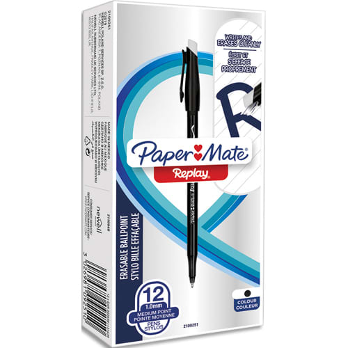 PAPER MATE stylo-bille effaçable Replay, pointe moyenne 1,0 mm, Assortiment  de couleurs classiques, Lot de 4 : : Fournitures de bureau