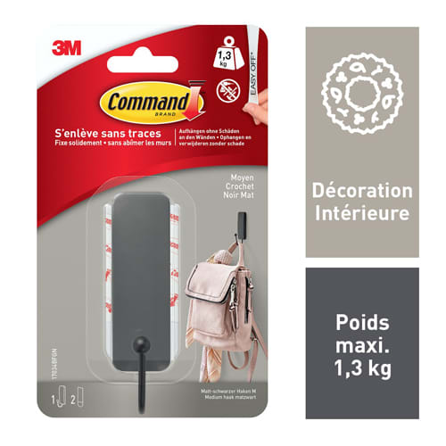 COMMAND Crochet simple adhésif 3M moyen en métal nickel noir - poids  supporté 1,3kg - s'enlève sans trace