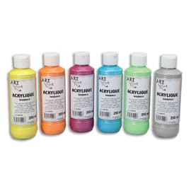 ART PLUS Lot de 6 flacons 250ml d'acrylique. Assortis : Jaune, Orange, Rouge, Bleu, Vert, Gris photo du produit