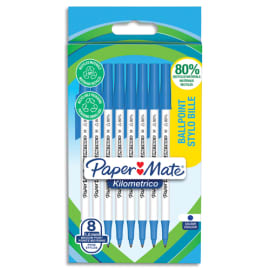 PAPERMATE Sachet de 8 stylos à bille KILOMETRICO™ à capuchon, recyclé à 80%. Pointe moyenne 1.0 mm - bleu photo du produit