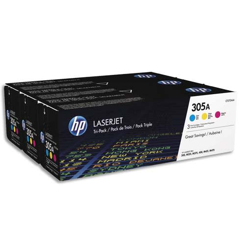 HP 305A CF370AM Pack 3 Toners Cyan Magenta Jaune Authentiques HP Color LaserJet Pro M351/M375/M451/M475 photo du produit