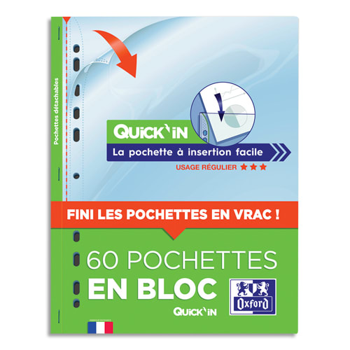 OXFORD Bloc de 60 pochettes perforées QUICK' IN en polypro lisse 5/100e. Format A4, perforation 11 trous photo du produit Principale L