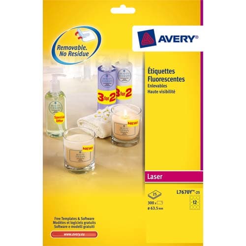 AVERY Boîte de 300 étiquettes Laser Jaune fluo diamètre 63.5 L7670Y-25 photo du produit Principale L