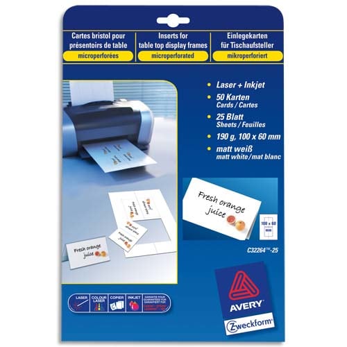 AVERY Pochette de 250 cartes de visite (85x54 mm) 270g coins droits Laser finition satinée photo du produit Principale L