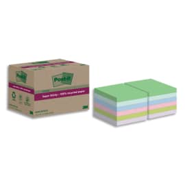 POST-IT Lot de 12 blocs notes Super Sticky Recyclées 76x76 mm. Couleurs assortis. photo du produit