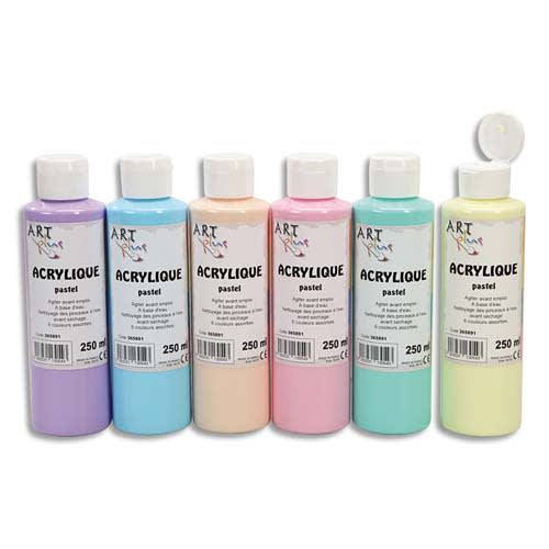 ART PLUS Lot de 6 flacons 250ml d'acrylique. Assortis pastel : Violet, Beige, Jaune, Bleu, Rose, Vert photo du produit Principale L