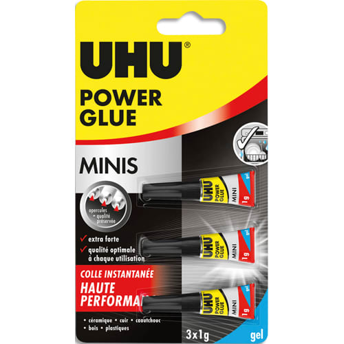 UHU Blister de 3 mini tubes de colles gel Power glue. 1 gramme. photo du produit Principale L