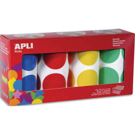 APLI KIDS Boîte de 4 rouleaux de gommettes rondes 45mm (1 416 unités), couleurs ass (jne, bl, rge et vrt) photo du produit