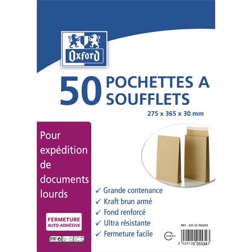 BONG Paquet de 50 pochettes kraft armé blond auto-adhésives 120g format 275x365 mm à soufflets de 30 mm photo du produit Principale L