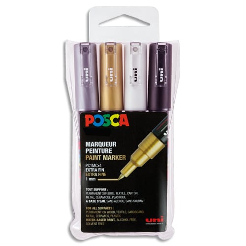 POSCA Pochette de 4 marqueurs peint. Pointe extra fine de 0,7 à 1 mm (PC1MC). Or, argent, blc, noir photo du produit Principale L