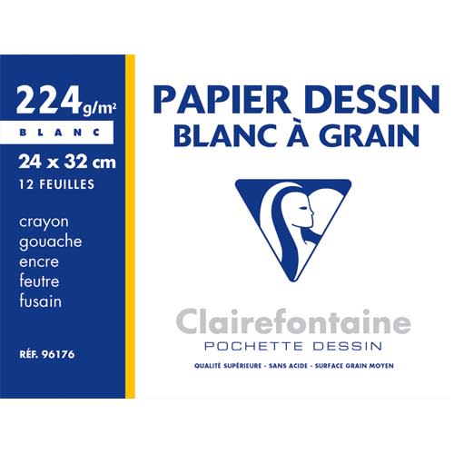 CLAIREFONTAINE Pochette de 12 feuilles papier dessin Blanc 24x32 224g Ref-96176 photo du produit Principale L