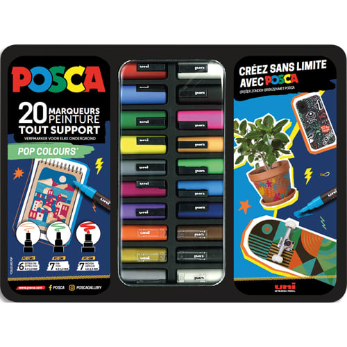 POSCA Mallette POP COLOURS de 20 marqueurs peinture. 3 pointes PC1MC, PC3MC et PC5M. Couleurs assorties photo du produit Principale L