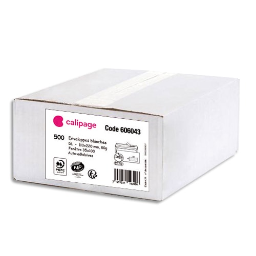 CALIPAGE Boîte de 500 enveloppes Blanches 80g DL 110x220 mm fenêtre 35x100 mm auto-adhésives photo du produit Principale L