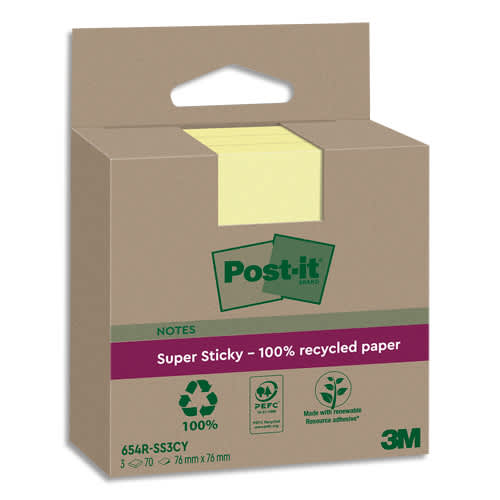 POST-IT Lot de 3 blocs notes Super Sticky Recyclées 76x76 mm. Jaune Pastel. photo du produit