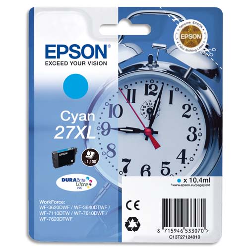 EPSON Cartouche Jet d'Encre DURABrite Ultra Cyan XL ''Réveil'' 27 (T2712) - C13T27124012 photo du produit Principale L