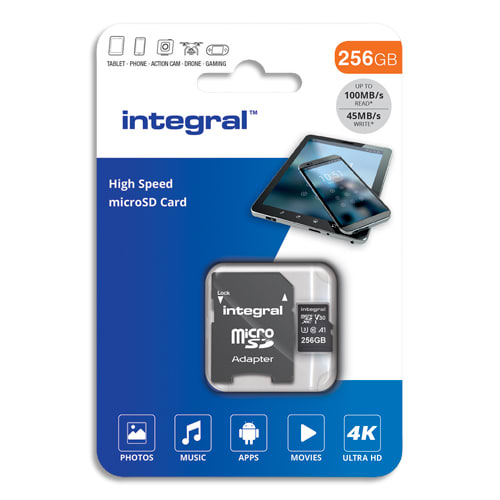 INTEGRAL Carte Micro SDXC+adaptateur 256Go V30 U3 A1 Class 10 UHS-I 100MB/s photo du produit Principale L