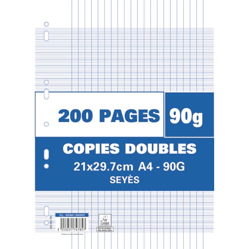 Sachet de 200 pages copies doubles grand format A4 grands carreaux Seyès 90g perforées photo du produit Principale L