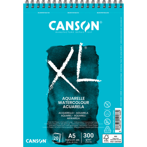 CANSON Album spiralé 20 feuilles XL AQUARELLE, A5, 300G, grain fin Blanc photo du produit Principale L