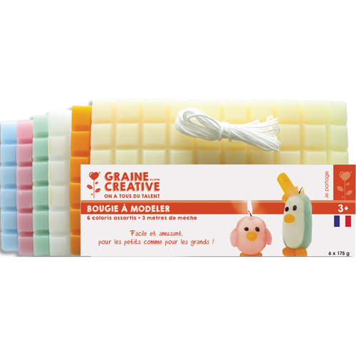 GRAINE CREATIVE Lot de 6 plaques de cire à modeler de 175g de teintes pastel assorties + 3 m de mèche photo du produit Principale L