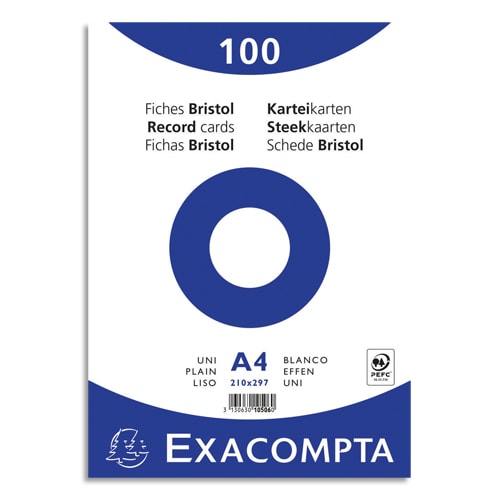 EXACOMPTA Sachet de 100 fiches bristol (sous-film) non perforées 210x297mm ( A4) unies Blanc