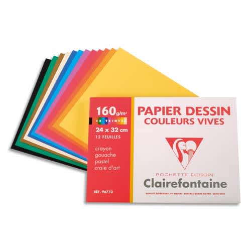 CLAIREFONTAINE Pochette de 12 feuilles papier dessin couleur teintes vives 160g 24x32 Ref-96770 photo du produit Principale L