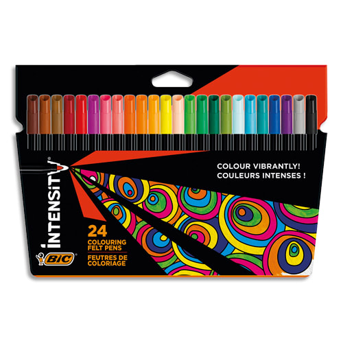 BIC Intensity Feutre de Coloriage Pointe fine et Corps Noir Mat - Couleurs  assorties, Pochette de 24