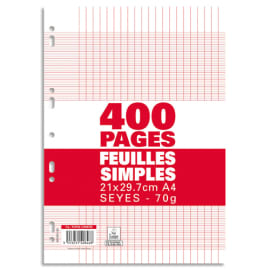 Sachet de 400 pages copies simples grand format A4 grands carreaux Seyès 70g perforées photo du produit