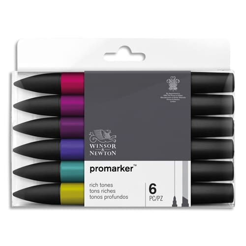 WINSOR & NEWTON Set 6 marqueurs double pointe PROMARKER. A base d'alcool. Tons riches assortis photo du produit Principale L