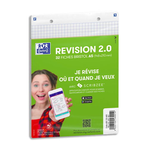 OXFORD Sachet de 32 fiches BRISTOL REVISION OXFORD 2.0 perforées A5 250g 5x5 Blanc photo du produit Principale L