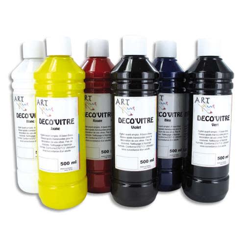 ART PLUS Coffret de 6 flacons de 500ml de peinture déco vitre, Blanc, Jaune, Rouge, Violet, Bleu, Vert photo du produit Principale L