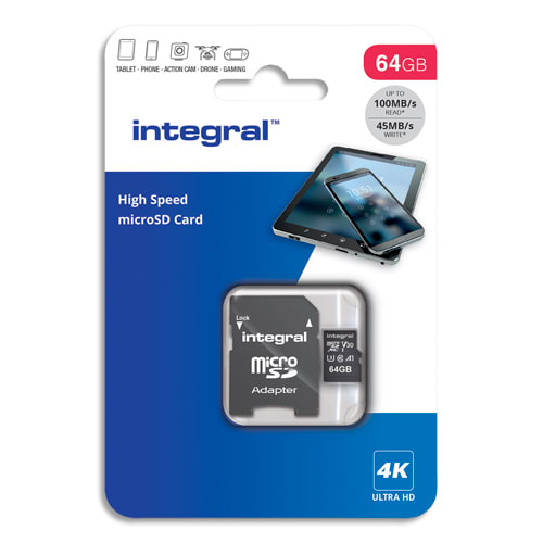 INTEGRAL Carte Micro SDXC+adaptateur 64Go V30 U3 A1 Class 10 UHS-I 100MB/s photo du produit Principale L