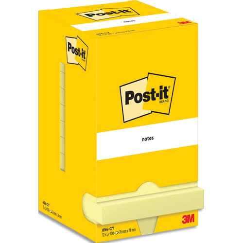 POST-IT Lot de 12 blocs repositionnables 654CY 100 feuilles. Format 7,6 x 7,6cm. Coloris Jaune photo du produit