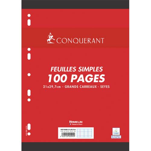 CONQUERANT C7 Feuillets mobiles 21x29,7cm 100 pages grands carreaux Blancs 90g. Sous sachet photo du produit Principale L