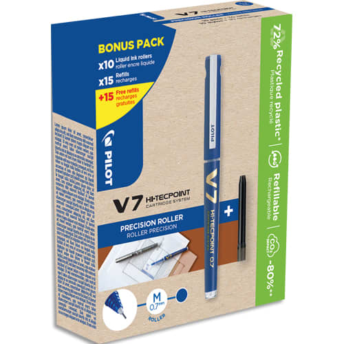 PILOT Greenpack de stylo encre liquide VBALL 07. Comprend 10 stylos + 10 Sets de 3 recharges. Bleu photo du produit Principale L