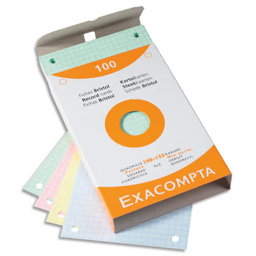 EXACOMPTA Étui de 100 fiches bristol perforées 100x150mm quadrillées 5x5 assortis photo du produit Principale L