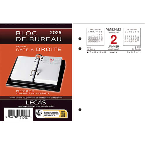 LECAS Bloc éphéméride date à droite, Janvier à Décembre 2024, 1 jour par  page + note à gauche, 8,5x11,5cm ≡ CALIPAGE