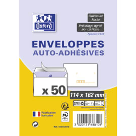 OXFORD Paquet de 50 enveloppes Blanches pré-casées auto-adhésives 80g format 114x162mm C6 photo du produit